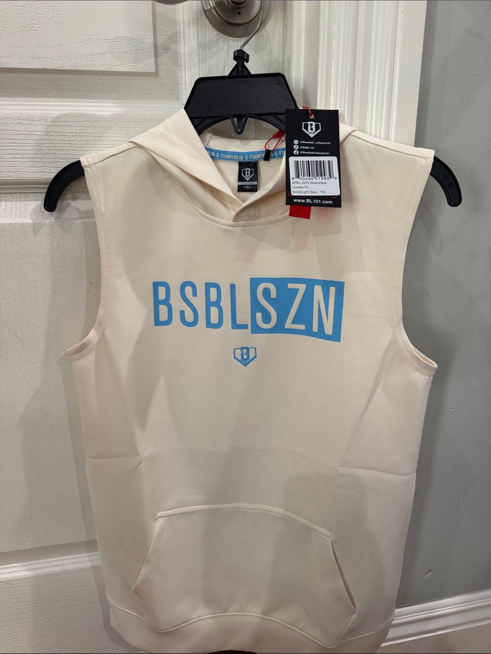 BSBL SZN Kids Sleeveless Hoodie - Cream with Blue Logo